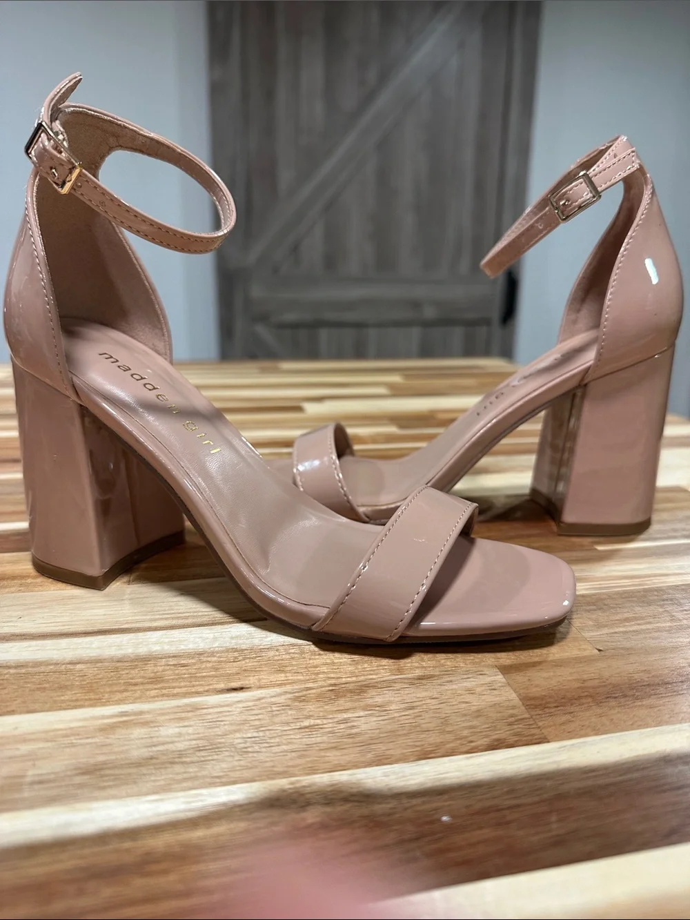 Madden Girl Blush Patent Block Heel Sandals with Ankle Strap 469
